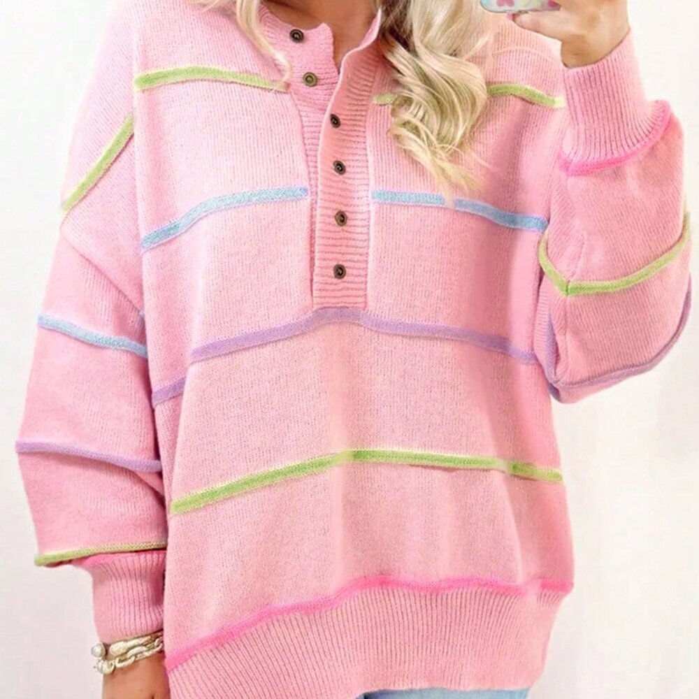 Pink Casual Women's Rainbow Striped Off-Shoulder Loose Pullover Sweater
